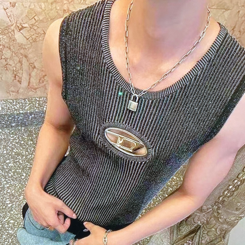 Diesel Black Ribbed Knit Tank Top with Silver Logo Patch